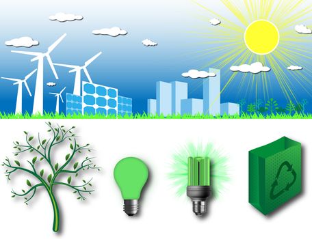 Abstract ecology, industry and nature background with ecology icons - illustration