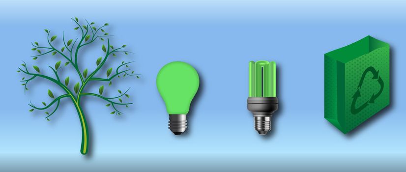 Ecology icons. Tree, recycling bug and two light bulbs.