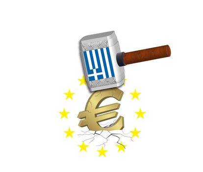 Euro is crashed by a hammer which has the Greek flag on it.