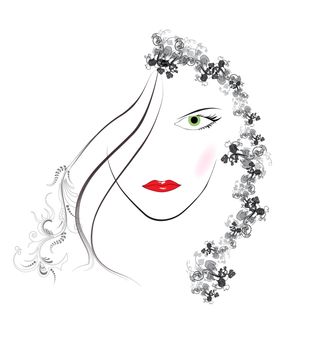Woman face with hair of flower, red lips, green eyes.