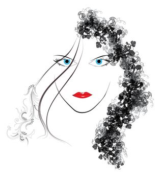 Woman face with hair of flower, red lips, blue eyes.