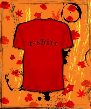 Red t-shirt with stamp. The background has leaves and splashes.