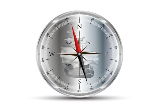 A silver compass having a sailboat as background