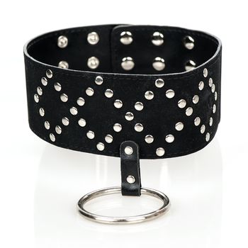 Extra wide leather collar with a rivets and a large metal ring - typical fetish wear.