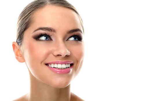 Young latino woman smiling isolated over white background