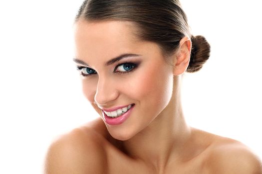 Young latino woman smiling isolated over white background