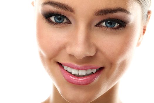 Young latino woman smiling isolated over white background