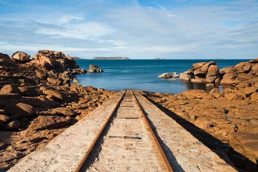 The railway on the granite coast in Brittany in France