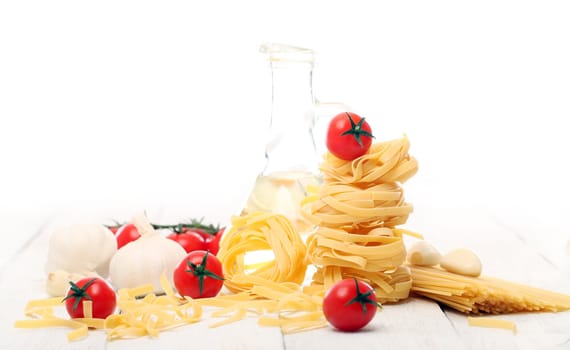 Spaghetti with vegetables isolated on white background