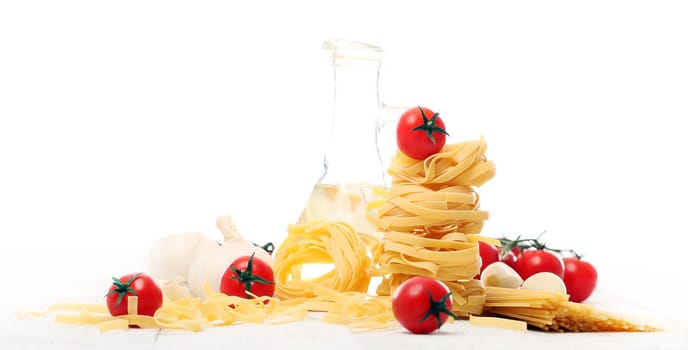 Spaghetti with vegetables isolated on white background