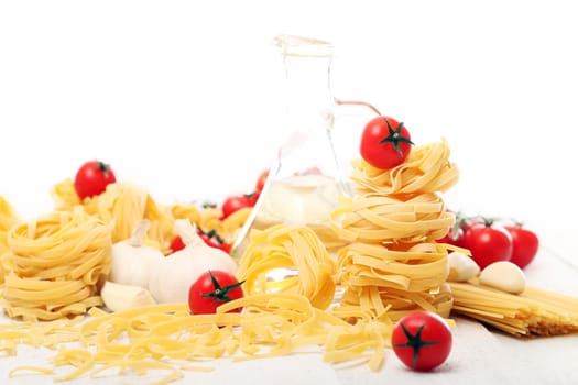 Spaghetti with vegetables isolated on white background