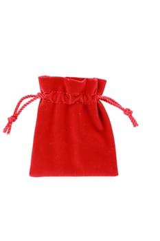 Red bag with red satin ribbon. Isolated on white
