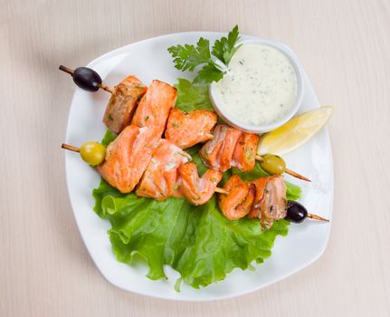 Shish Kebab from  Salmon  with Vegetables.fish roast.close-up