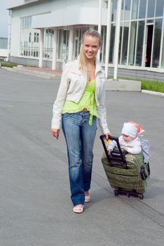 girl and child in valise.family goes to travel
