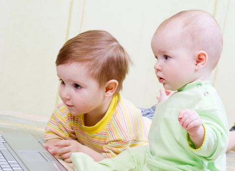 Little girl and boy using laptops.kids playing computer games 