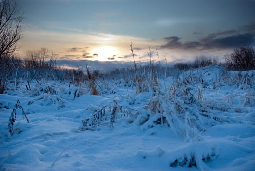 sunset.Winter landscape.Winter scene 
