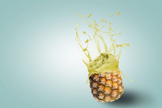 fresh pineapple juice spills, the concept of fresh fruit drinks, place for text