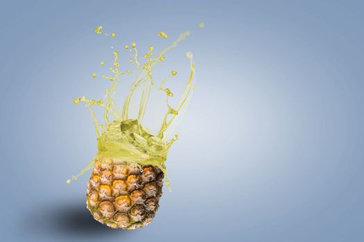 fresh pineapple juice spills, the concept of fresh fruit drinks, place for text