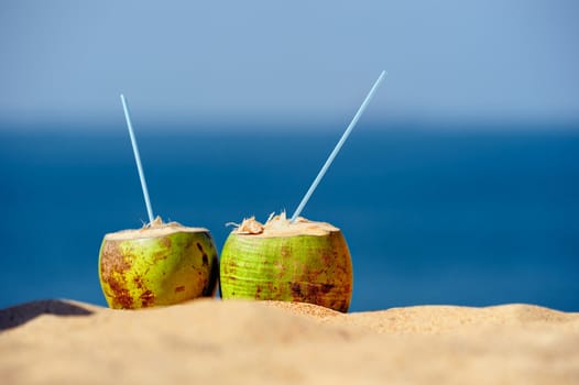 Coconuts with drinking straw on the sand at the sea