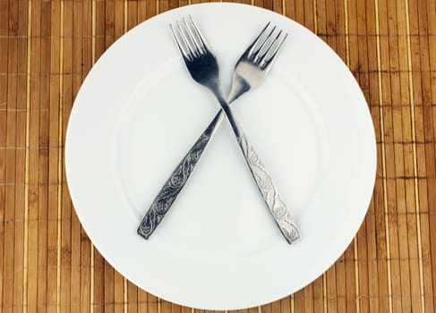 White plate, fork crosswise