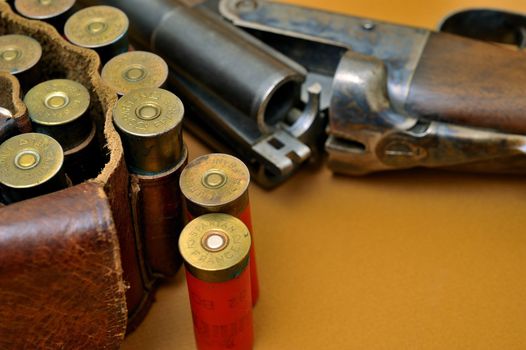 shotgun and its cartridges. Still life representing hunting.