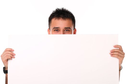 Young handsome man with board isolated over white background