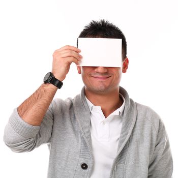 Young handsome man with board isolated over white background