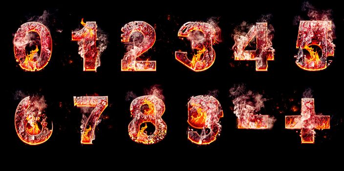 Set of hell burning numbers isolated over black background