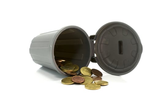 grey container with euro coins on white