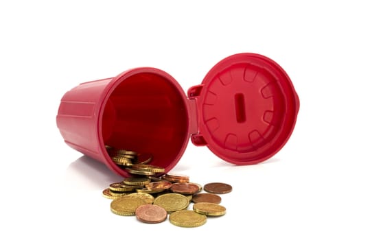 red container with euro coins on white