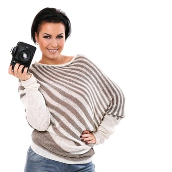 Young happy woman with camera isolated over white background