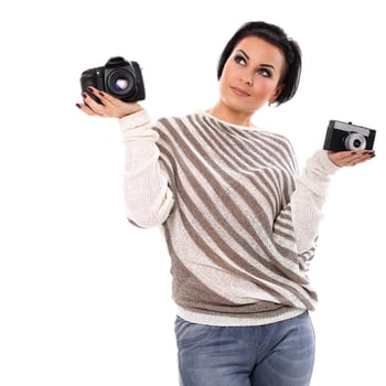 Young happy woman with camera isolated over white background