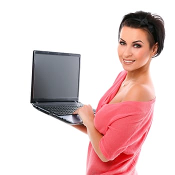 Young happy woman with laptop isolated over white background