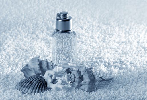 Accessories for a bath with cockleshells on a white background