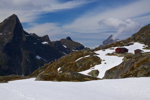 Scenic mountain hut Munkebu on Lofoten islands in Norway in early summer