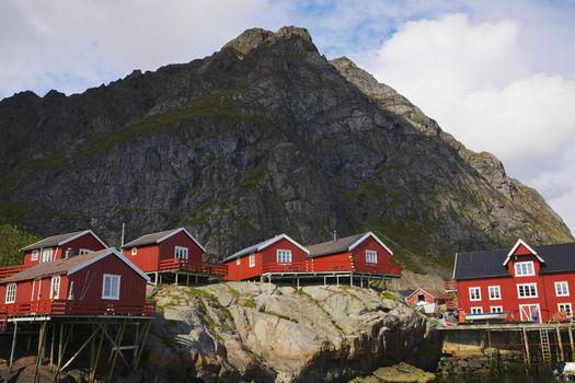 Traditional red rorbu fishing huts on Lofoten islands in Norway