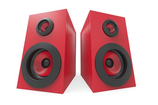Red stereo speakers on white background