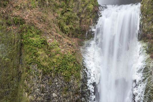 Multnomah Falls in Columbia River Gorge in Winter Lower Section Closeup