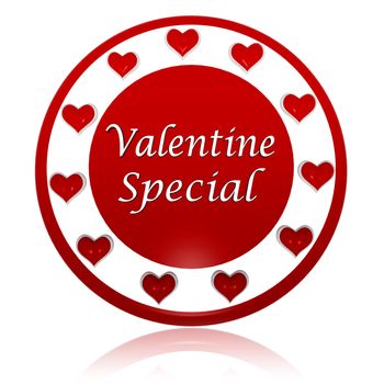 3d red circle banner with text valentine special and hearts symbols, holiday and business concept