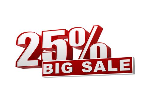 text 25 percentages big sale in 3d red white banner, letters and block, business concept