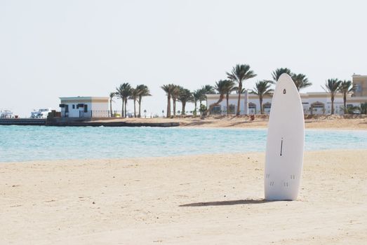 single windsurfing board in a sand of a beach