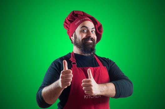 hppy bearded chubby chef on grey background