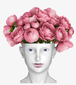 human head as an vase for flowers