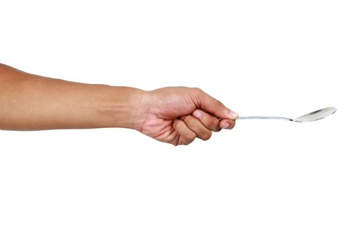 Spoon in hand on white background