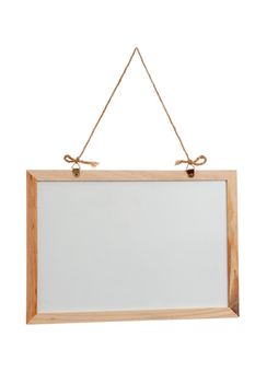 Blank white board hanging on a rope