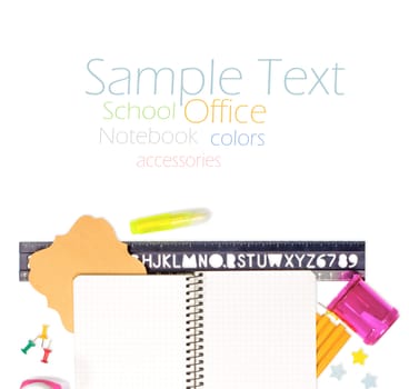 Photo of office and student gear over white background - Back to school concept