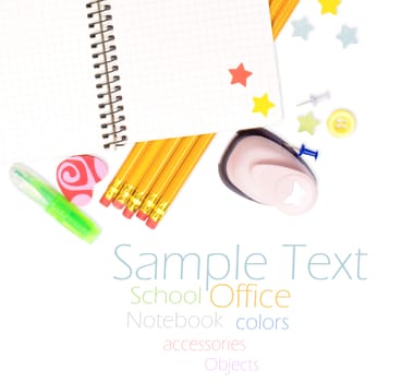 Photo of office and student gear over white background - Back to school concept
