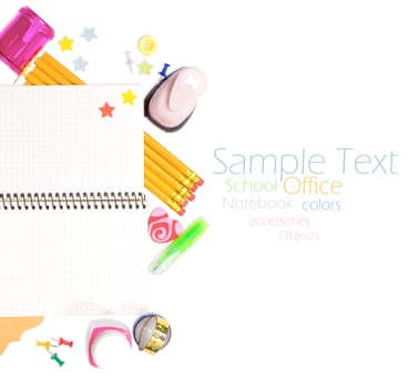 Photo of office and student gear over white background - Back to school concept