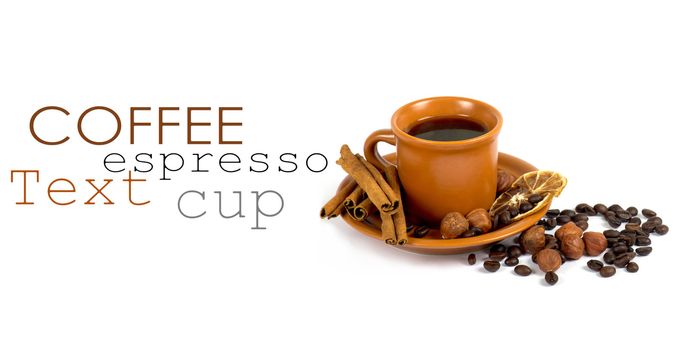 Cup of coffee with ingredients on a white background