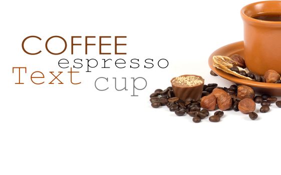 Cup of coffee with ingredients on a white background